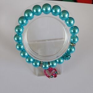 Hand Crafted Stretch Pearl Charm Bracelet Beaded Turquoise Rose Heart